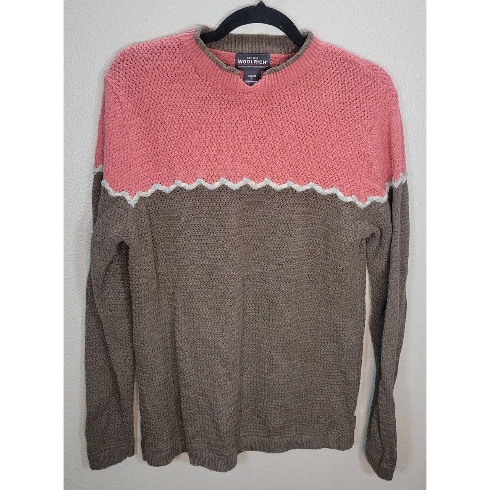 Woolrich‎ women's colorblock knit sweater pink brown scallop trim size L